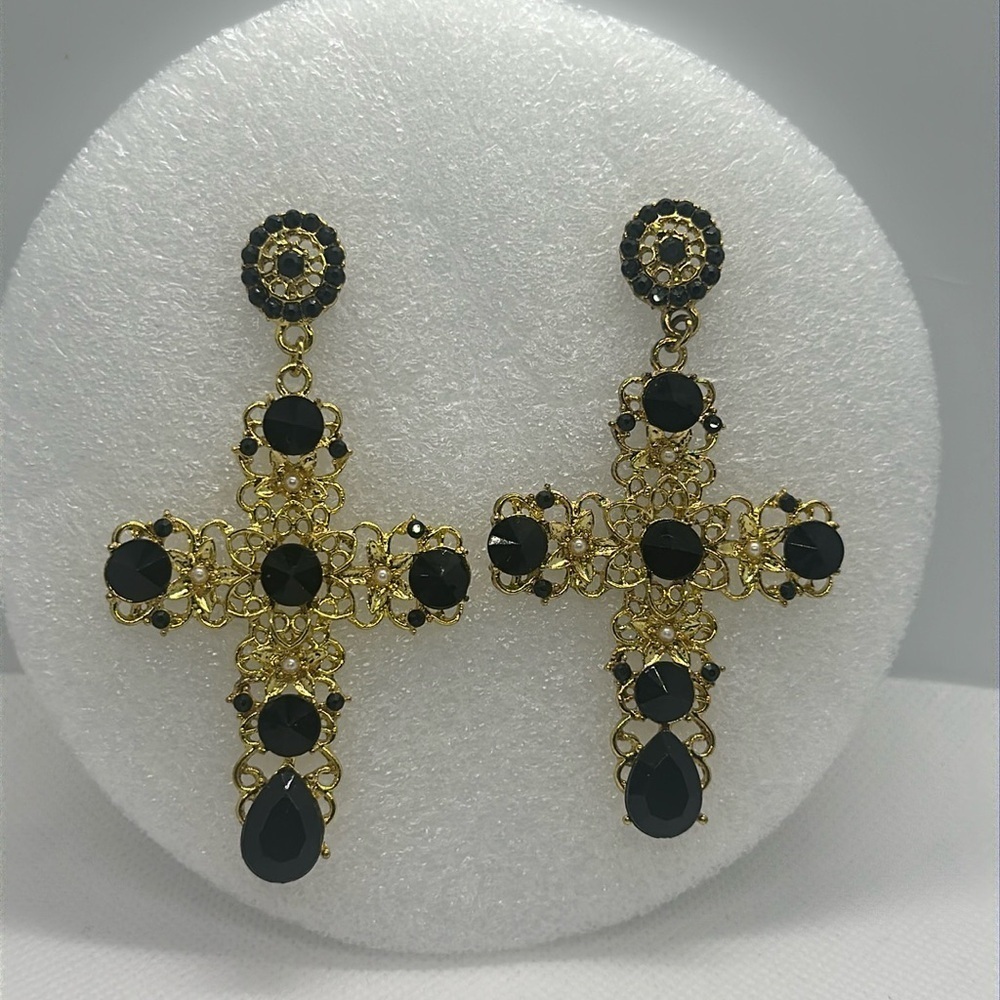 Statement Black & Gold Cross Earrings - Gothic, Victorian, Elegant 3.5" Drop - Picture 3 of 11